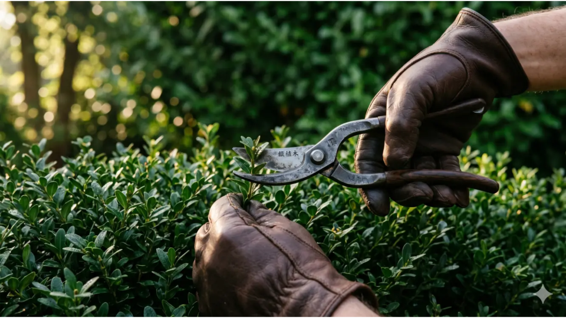 Detail of a formal box hedge being shaped by hand with secateurs